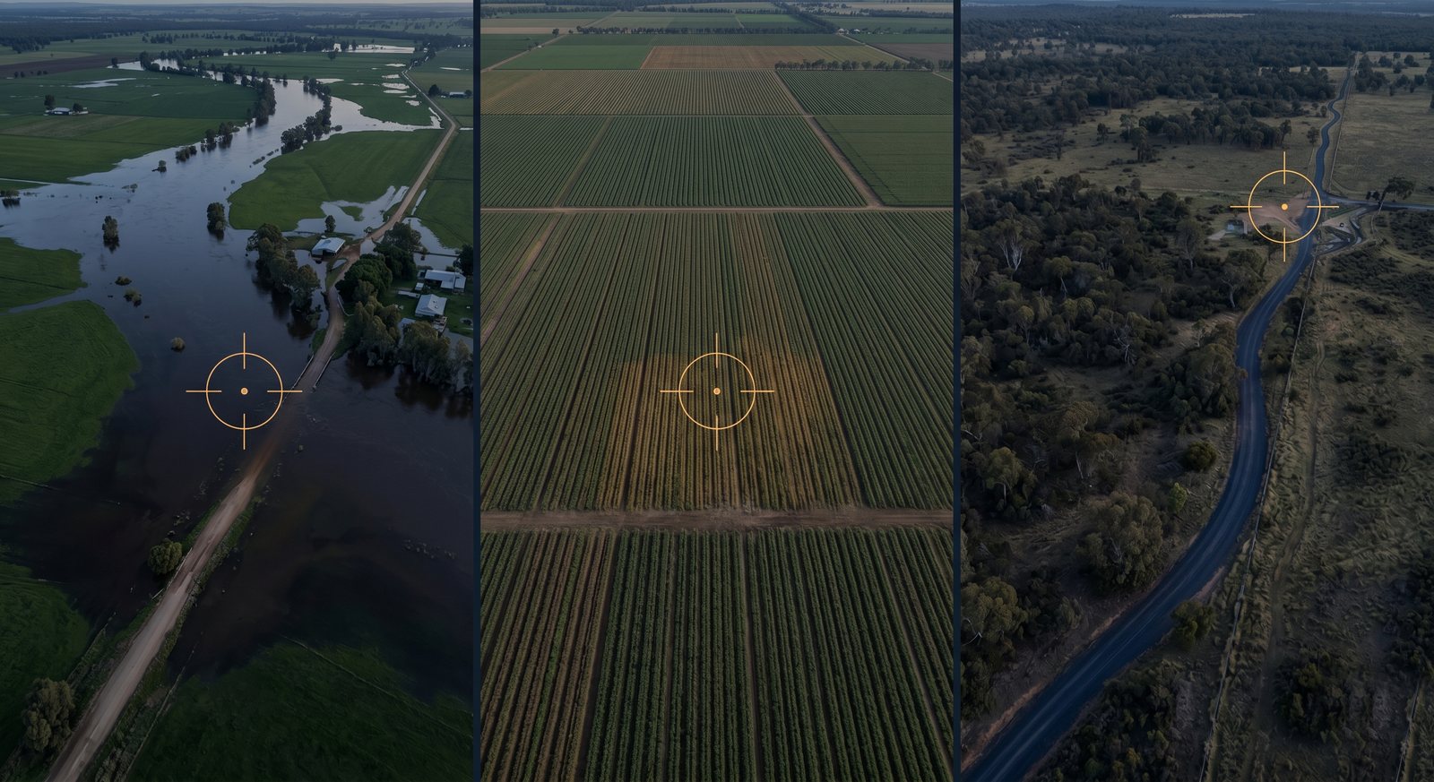 One AI-marked point of interest across flood, farmland and bushland